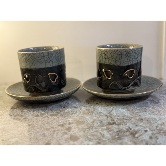 Otagiri Other - Otagiri Somayaki Crackle Glaze Double Wall Mug W Saucer Sage 3.5" Vintage SET 2